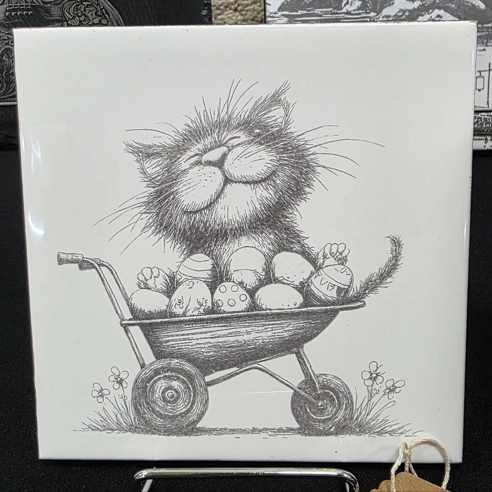 Gray Cat Illustration On Ceramic Tile - 6 X 6